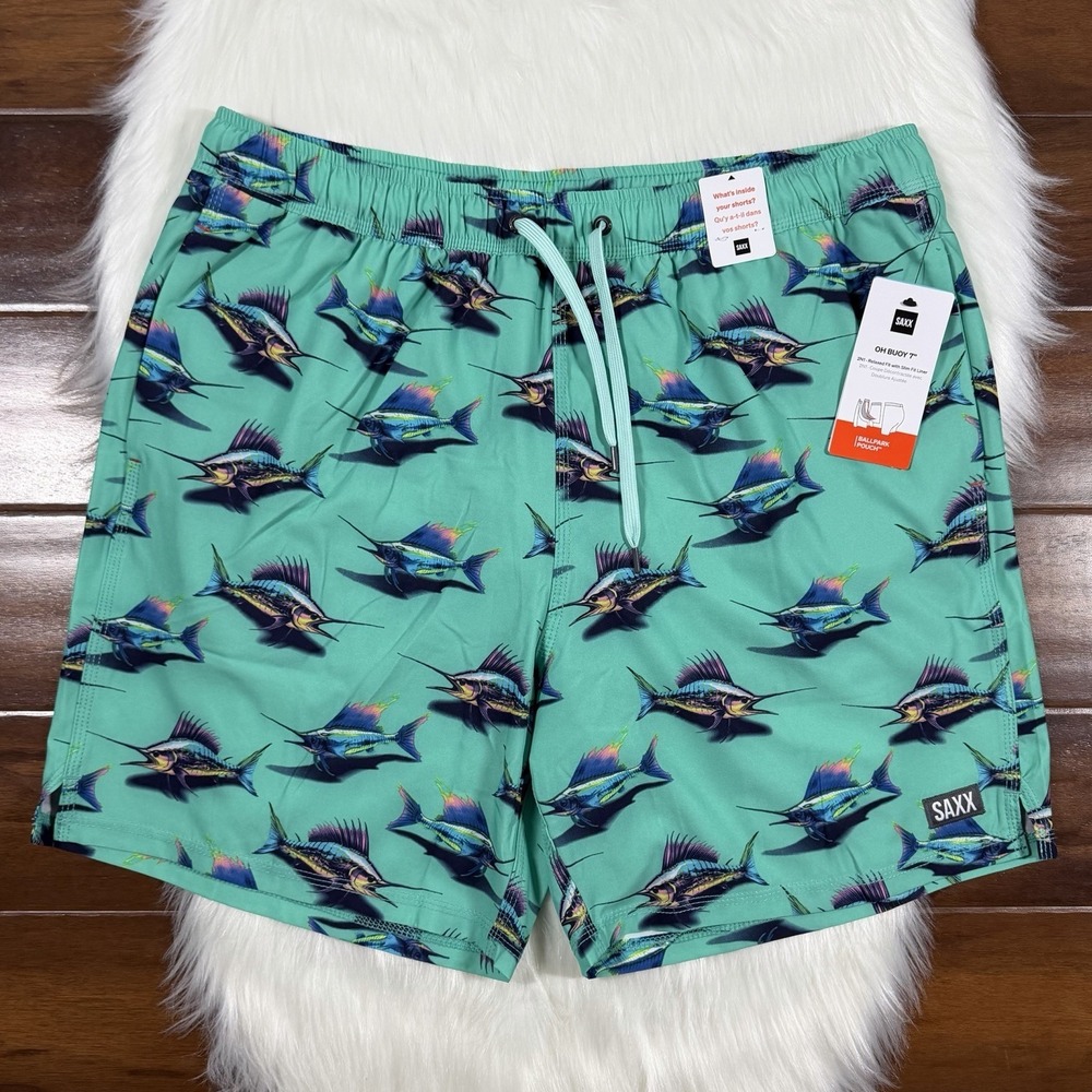Saxx Men's Size XL‎ Fish Print Oh Buoy 2N1 Volley 7" Swim Trunk Shorts Lined